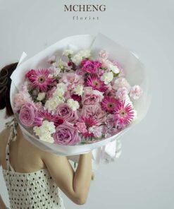 Mẫu Hoa Bó Hồng Ohara Mix Đồng Tiền Hồng thiết kế ngọt ngào tại Mcheng Florist