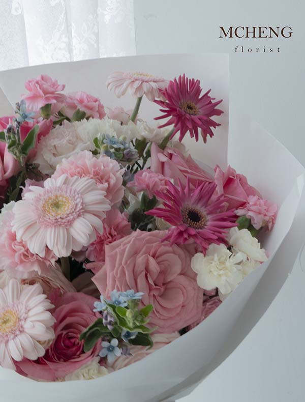 Chi Tiet Hoa Bo Mix Tone Hong Pastel Sao Xanh Mcheng Chi tiết bó hoa hồng mix đồng tiền tone hồng pastel trên tay khách hàng