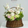 Mẫu Giỏ Mây Ping Pong Bốn Chú Thỏ thiết kế giỏ tre đan mộc mạc tại shop hoa tươi Mcheng Florist