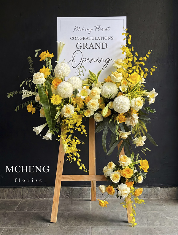 Kệ Hoa Khai Trương Vàng Trắng Khởi Sắc - Mcheng Florist Mẫu Kệ Hoa Khai Trương Tone Vàng Trắng thiết kế rạng rỡ tại Mcheng Florist