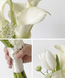 Hình ảnh thực tế cô dâu thanh lịch cầm bó Hoa Cưới Calla Mix Tulip Trắng trong ngày cưới