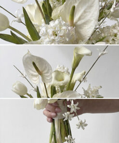 Hình ảnh thực tế cô dâu thanh lịch cầm bó Hoa Cưới Tulip Trắng Dáng Thác Đổ trong ngày cưới