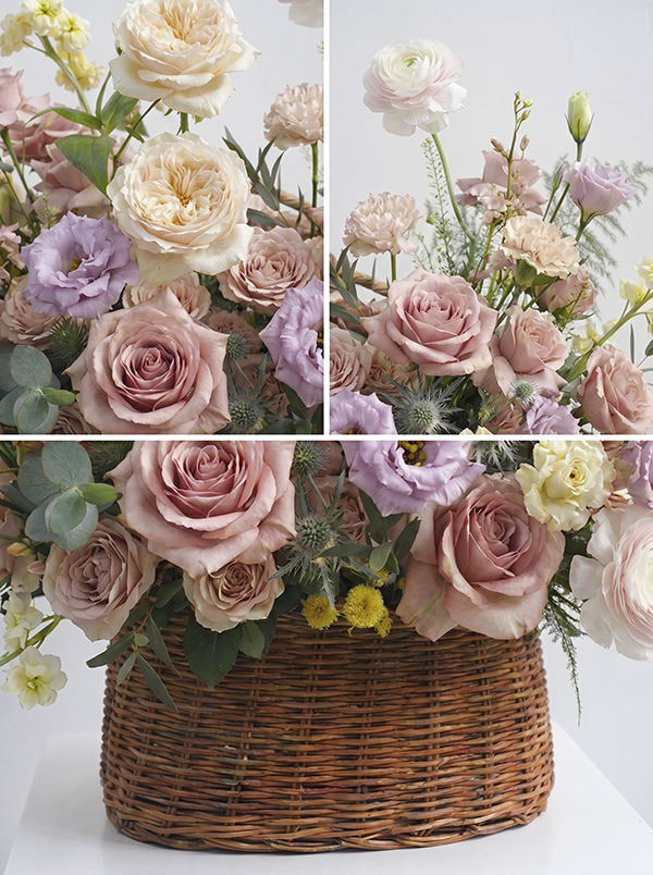 Giỏ Hoa Hồng Pastel Mix Cát Tường Trang Nhã - Mcheng Florist Kích thước thực tế Giỏ Hoa Hồng Pastel Phối Cát Tường sang trọng trên bục trưng bày