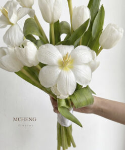 Cận cảnh vẻ đẹp trong trẻo của đóa tulip trắng mở cánh trong mẫu Hoa Cưới Cầm Tay Tulip Trắng