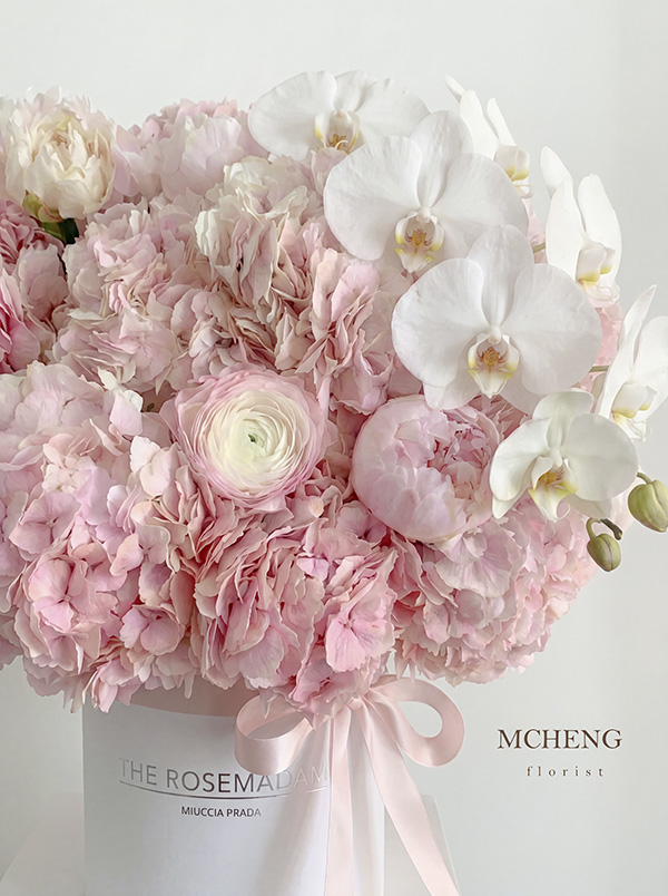 Chi Tiet Hop Hoa Chuc Mung Tone Hong Pastel Mcheng Florist Cận cảnh vẻ đẹp kiêu sa của Lan Hồ Điệp trắng và Cẩm Tú Cầu hồng bên trong hộp hoa